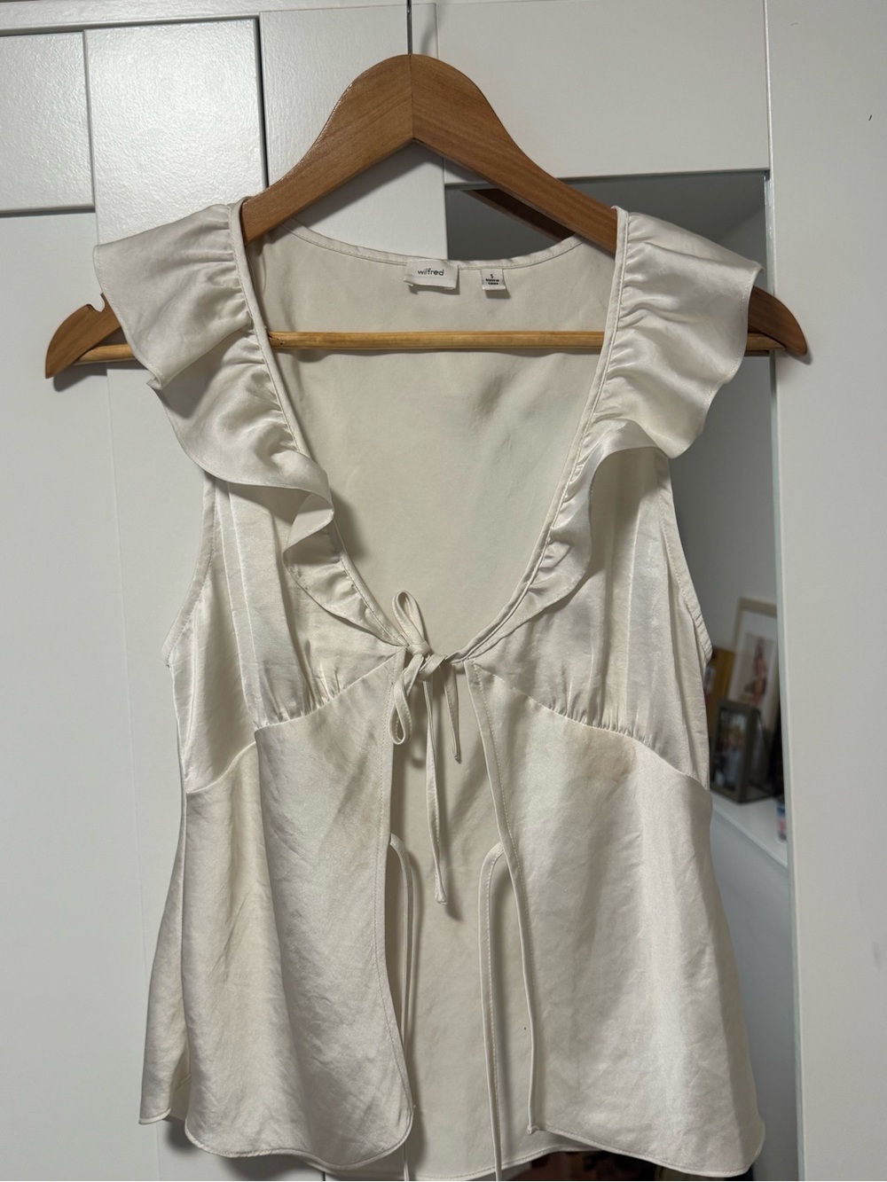 Aritzia Cream Satin Ruffle Tie-Front Cami